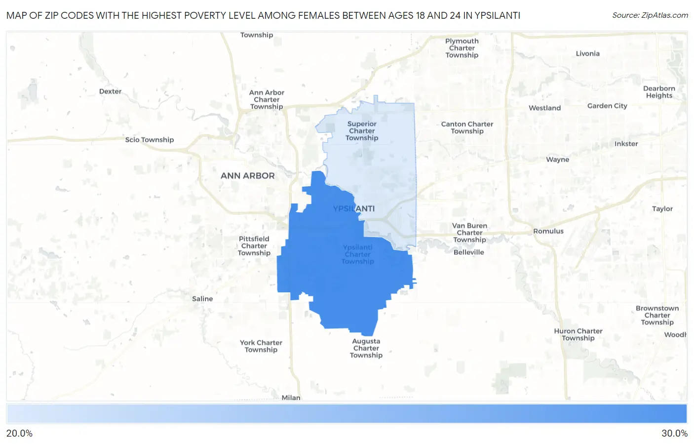 Zip Codes with the Highest Poverty Level Among Females Between Ages 18 and 24 in Ypsilanti Map