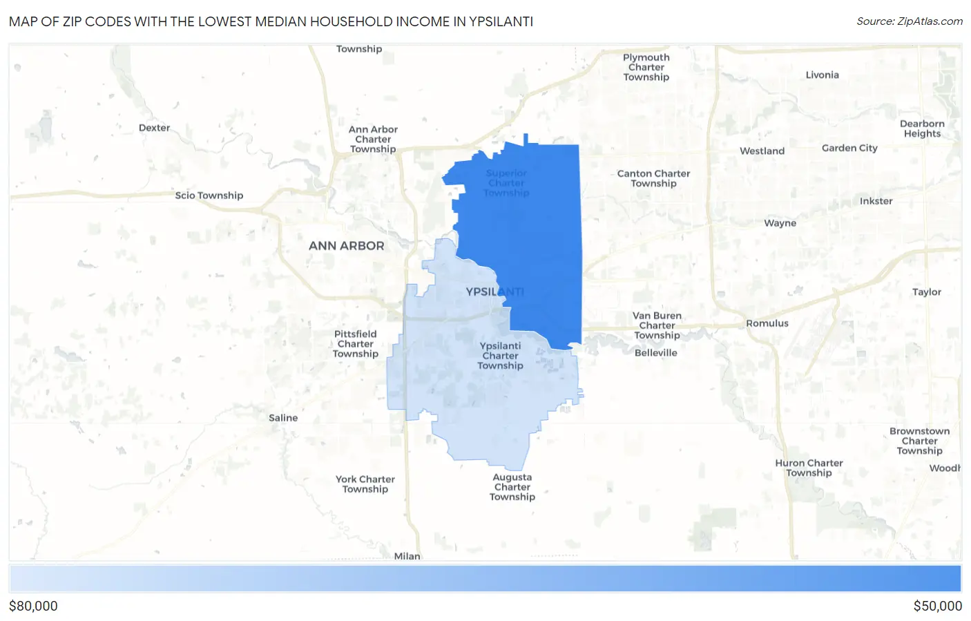 Zip Codes with the Lowest Median Household Income in Ypsilanti Map