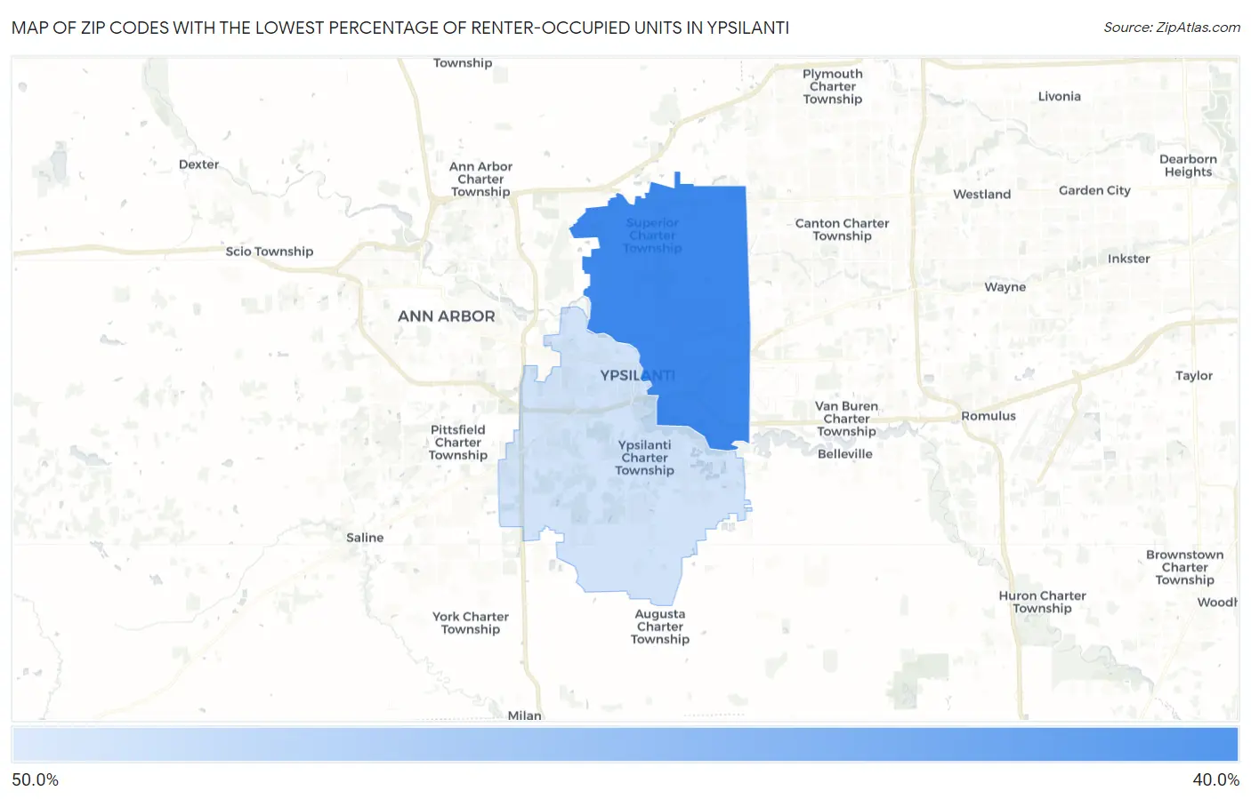 Zip Codes with the Lowest Percentage of Renter-Occupied Units in Ypsilanti Map