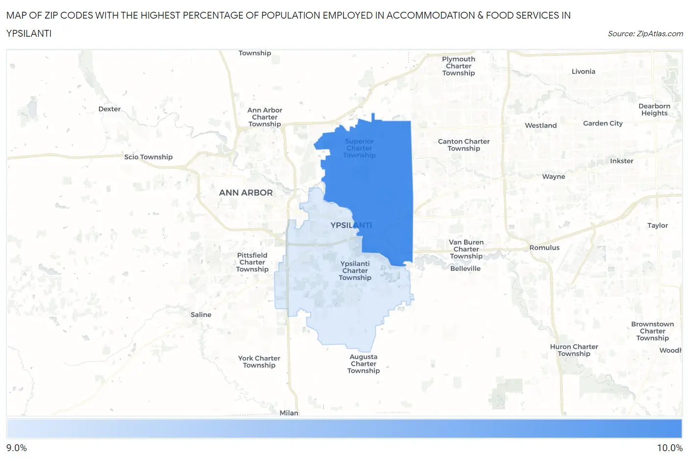 Zip Codes with the Highest Percentage of Population Employed in Accommodation & Food Services in Ypsilanti Map