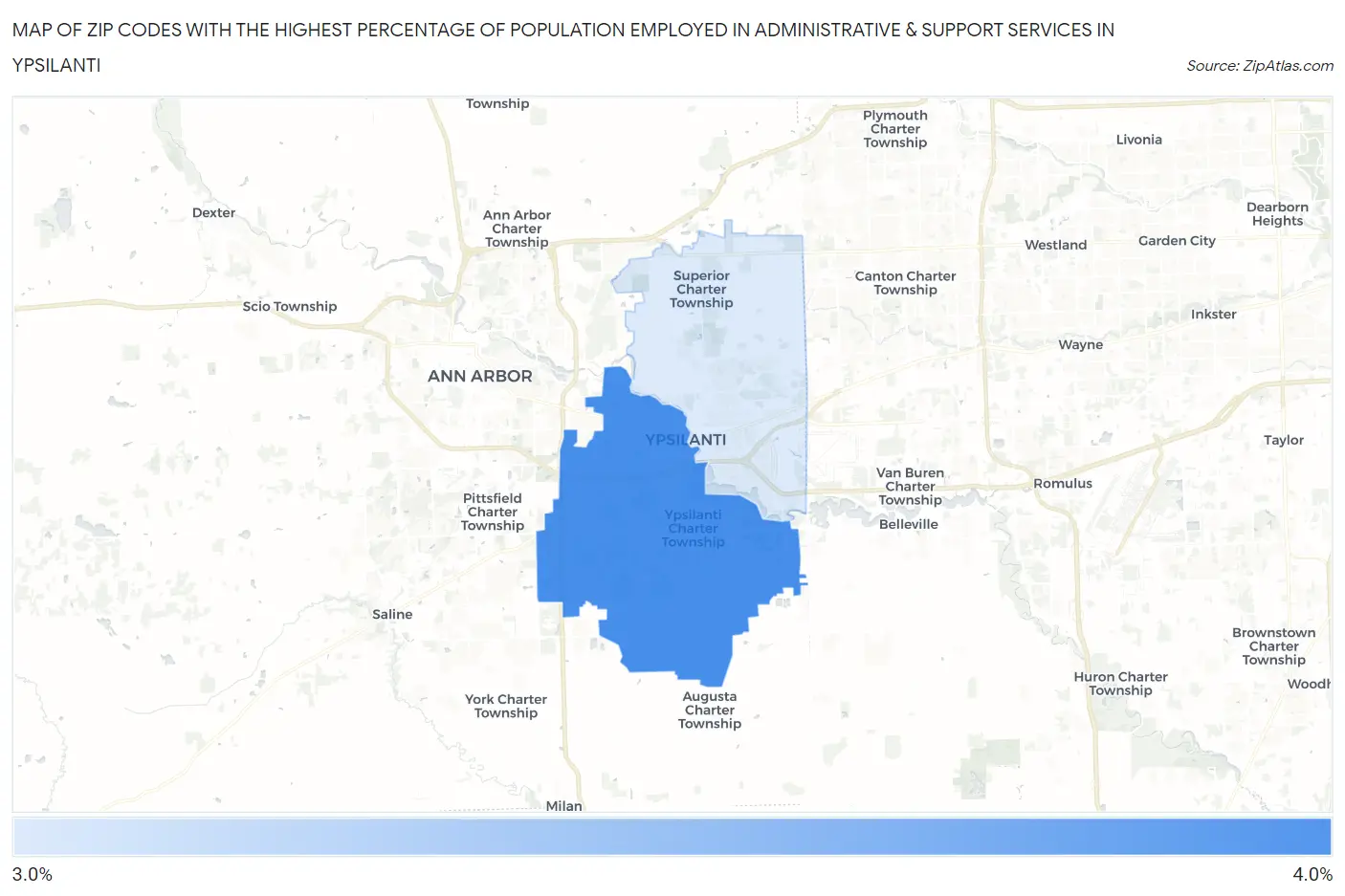 Zip Codes with the Highest Percentage of Population Employed in Administrative & Support Services in Ypsilanti Map