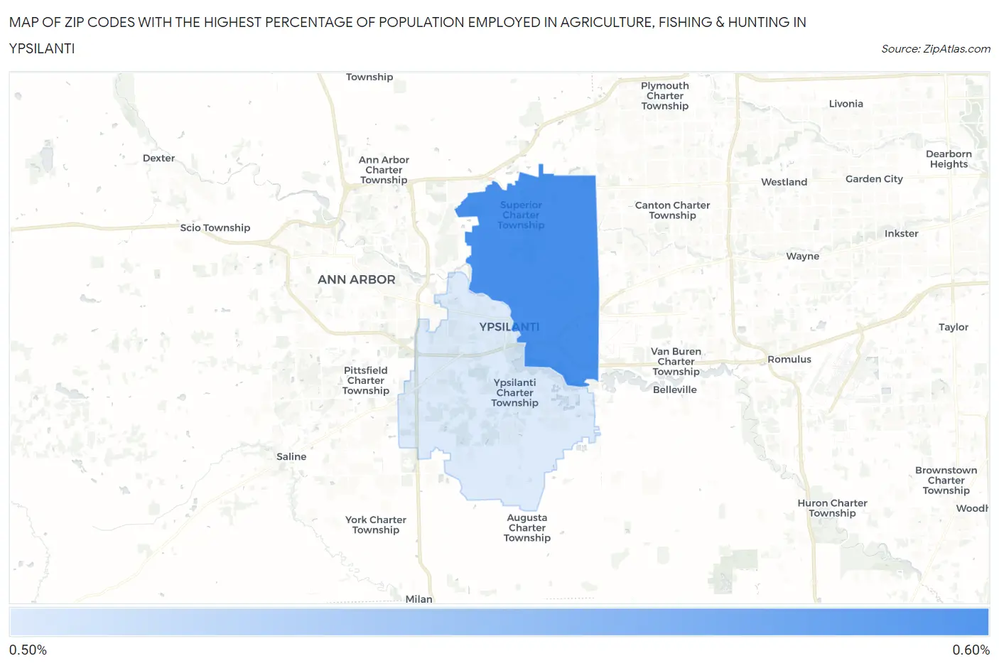 Zip Codes with the Highest Percentage of Population Employed in Agriculture, Fishing & Hunting in Ypsilanti Map