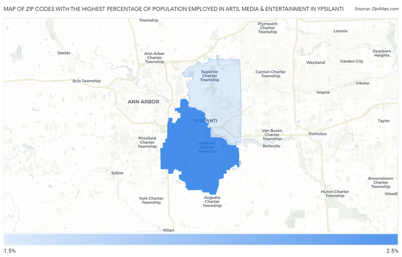 Zip Codes with the Highest Percentage of Population Employed in Arts, Media & Entertainment in Ypsilanti Map