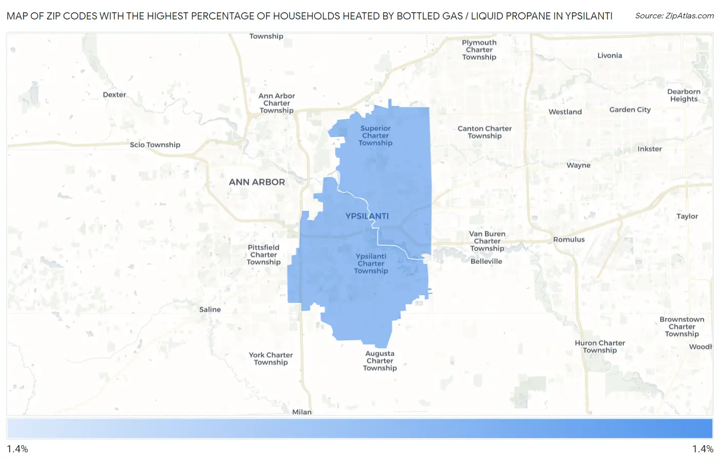 Zip Codes with the Highest Percentage of Households Heated by Bottled Gas / Liquid Propane in Ypsilanti Map