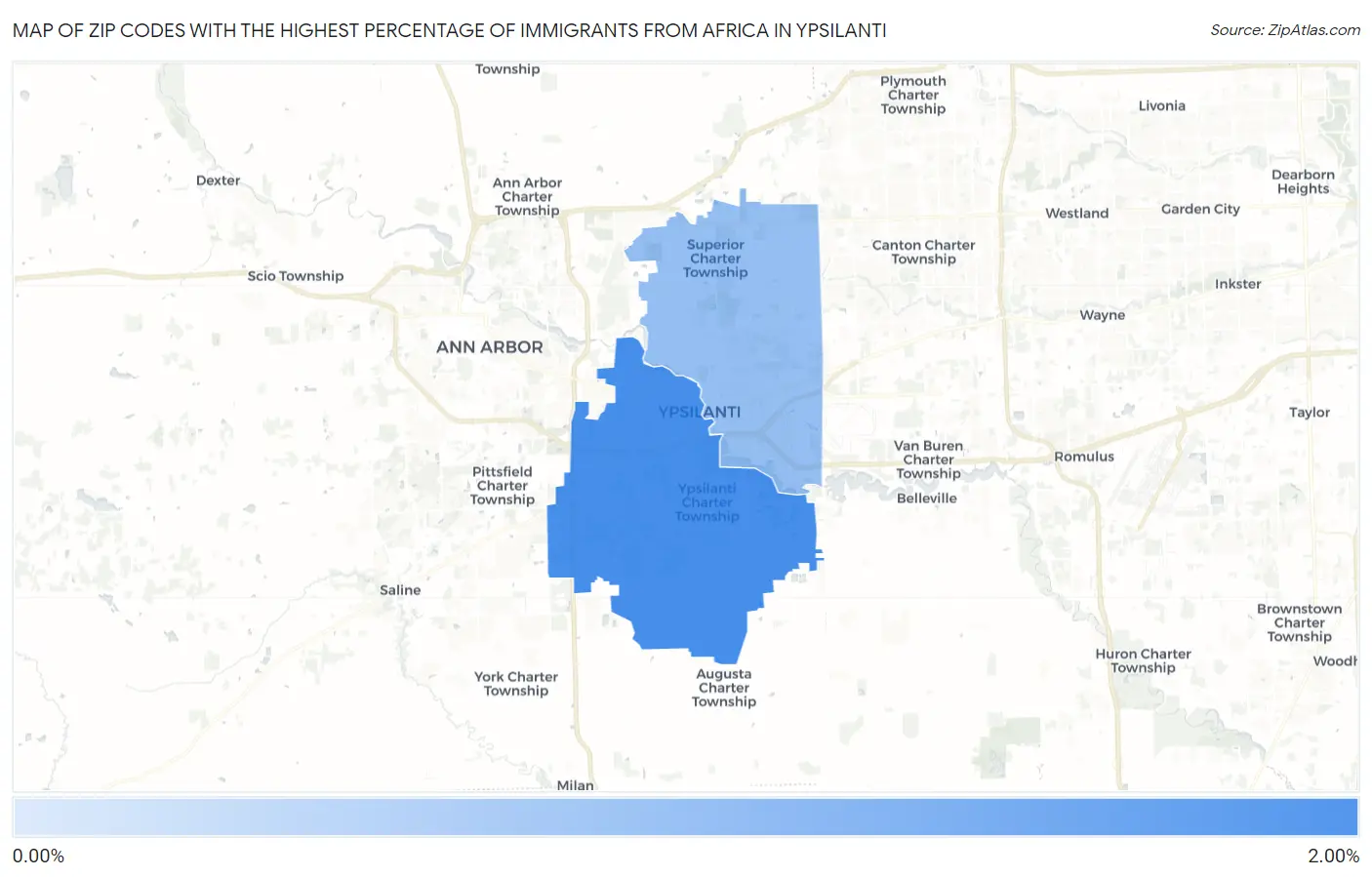 Zip Codes with the Highest Percentage of Immigrants from Africa in Ypsilanti Map