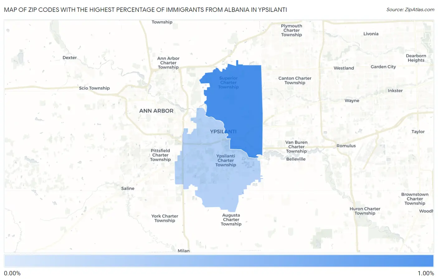 Zip Codes with the Highest Percentage of Immigrants from Albania in Ypsilanti Map