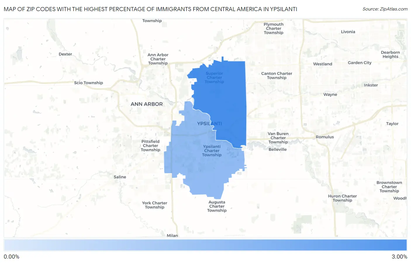 Zip Codes with the Highest Percentage of Immigrants from Central America in Ypsilanti Map