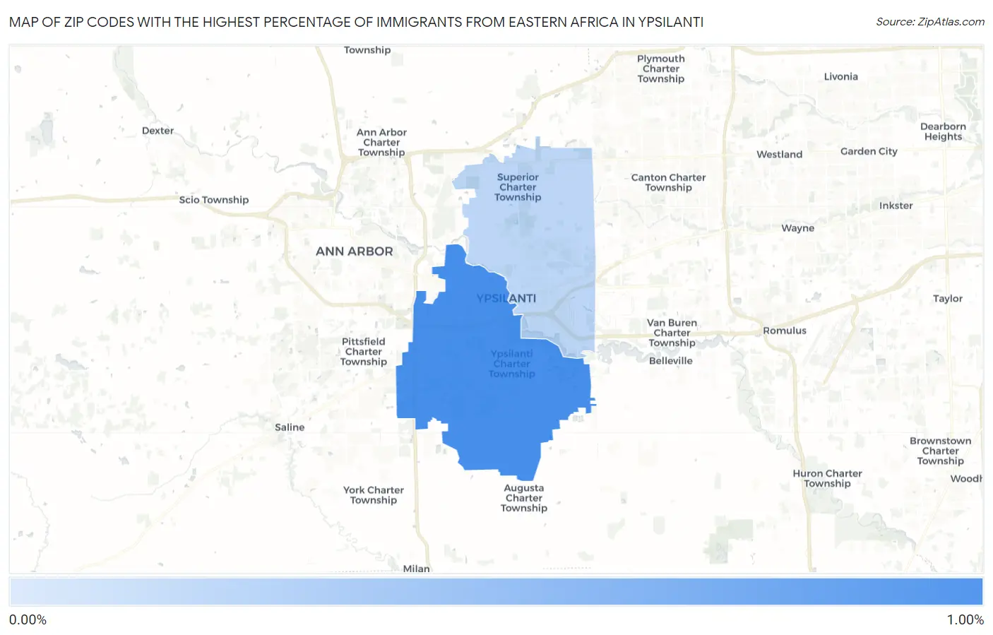 Zip Codes with the Highest Percentage of Immigrants from Eastern Africa in Ypsilanti Map