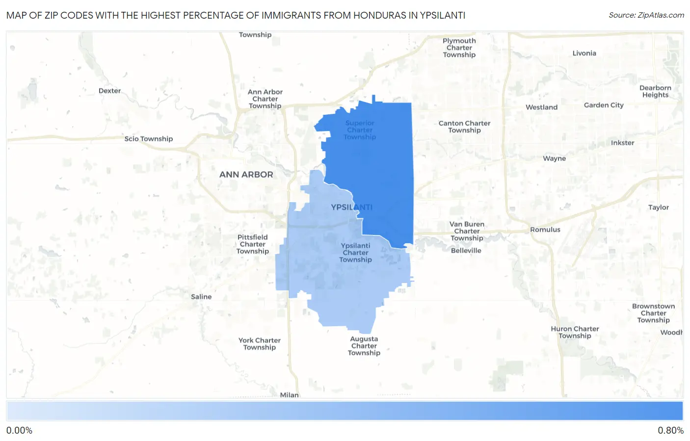 Zip Codes with the Highest Percentage of Immigrants from Honduras in Ypsilanti Map