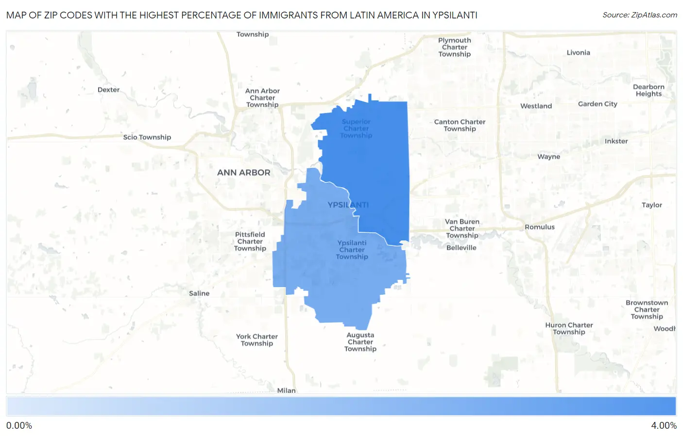 Zip Codes with the Highest Percentage of Immigrants from Latin America in Ypsilanti Map