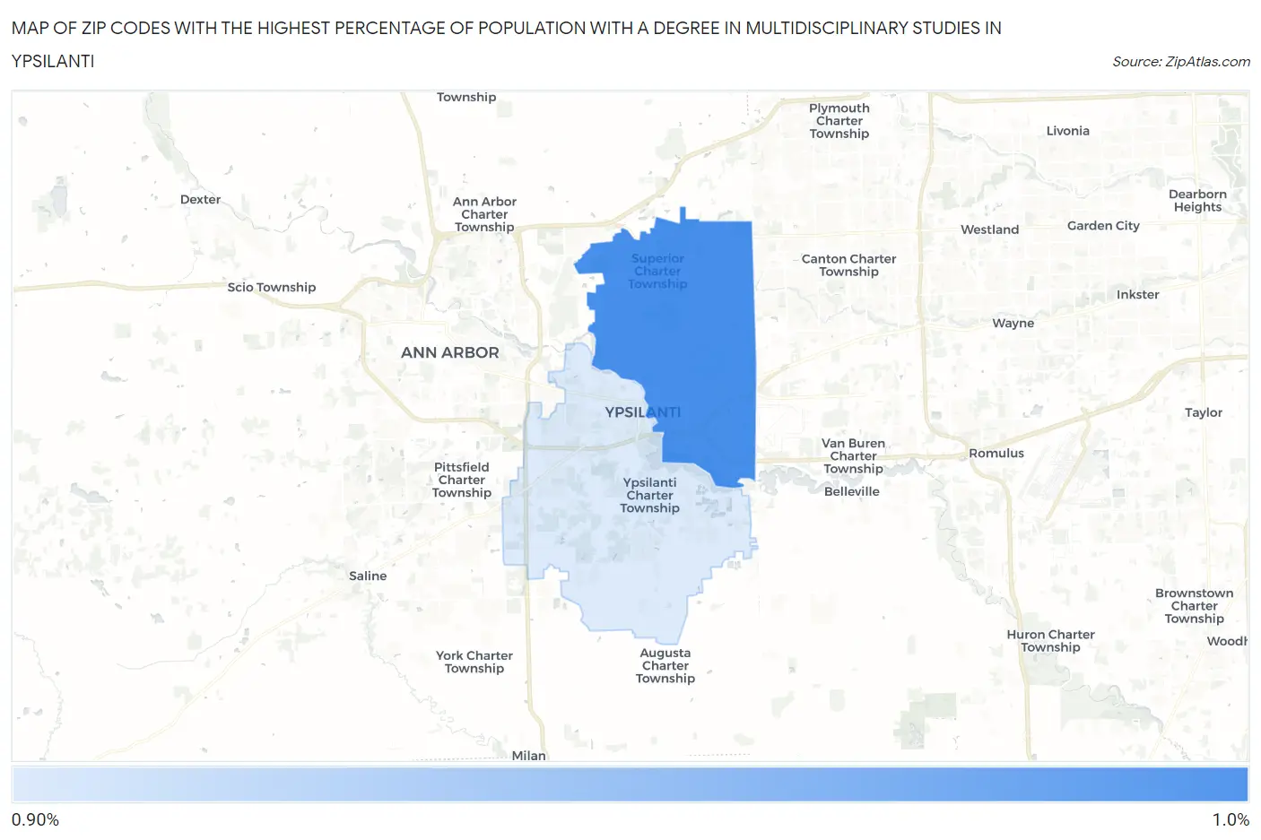 Zip Codes with the Highest Percentage of Population with a Degree in Multidisciplinary Studies in Ypsilanti Map