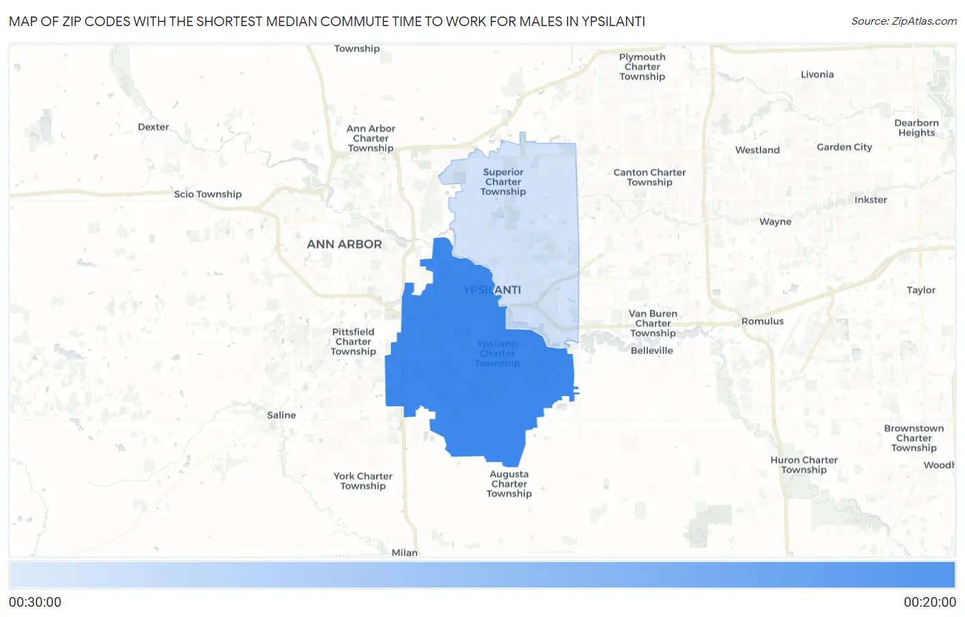Zip Codes with the Shortest Median Commute Time to Work for Males in Ypsilanti Map