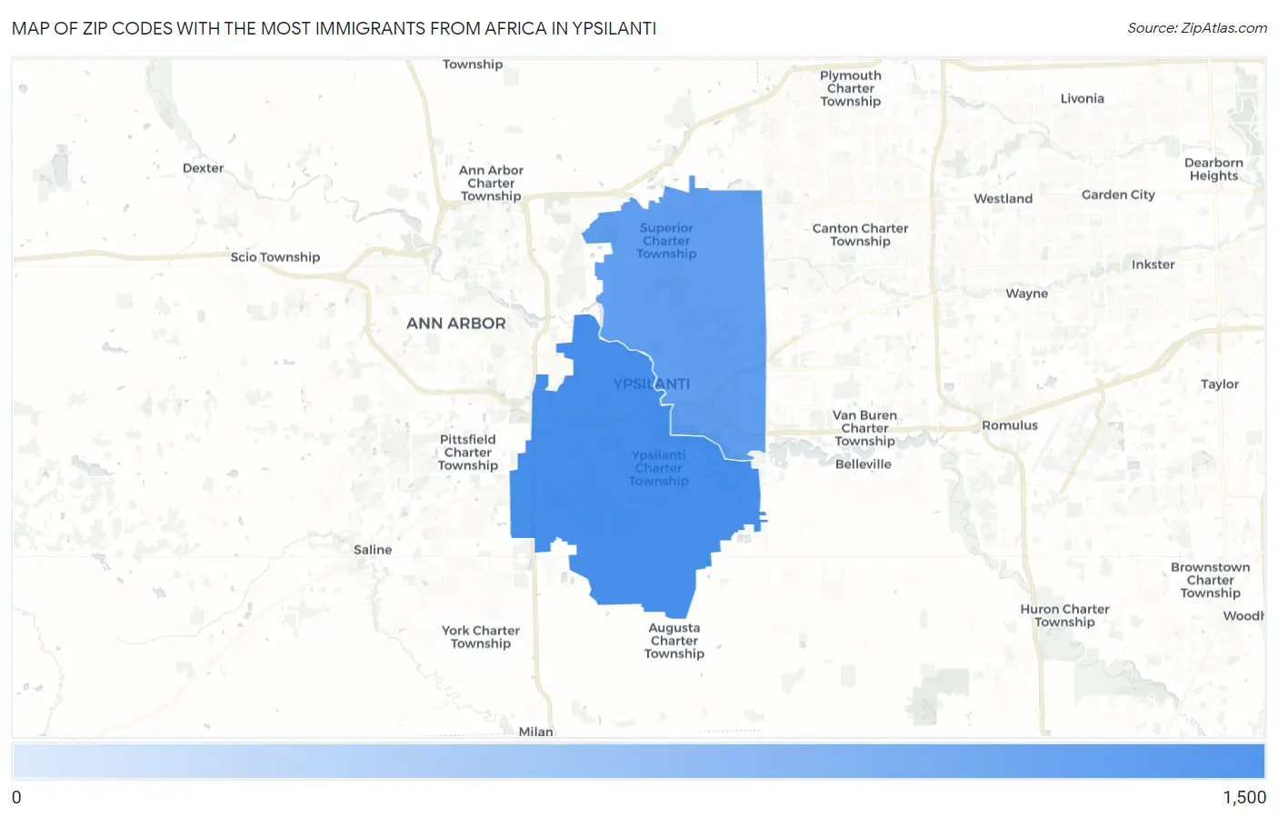 Zip Codes with the Most Immigrants from Africa in Ypsilanti Map