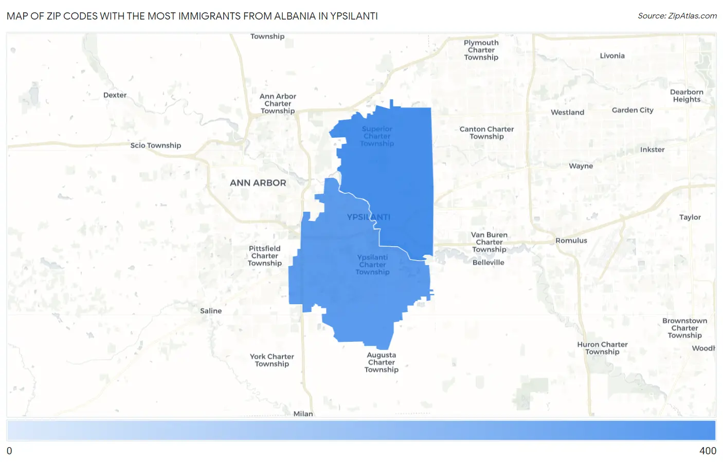 Zip Codes with the Most Immigrants from Albania in Ypsilanti Map