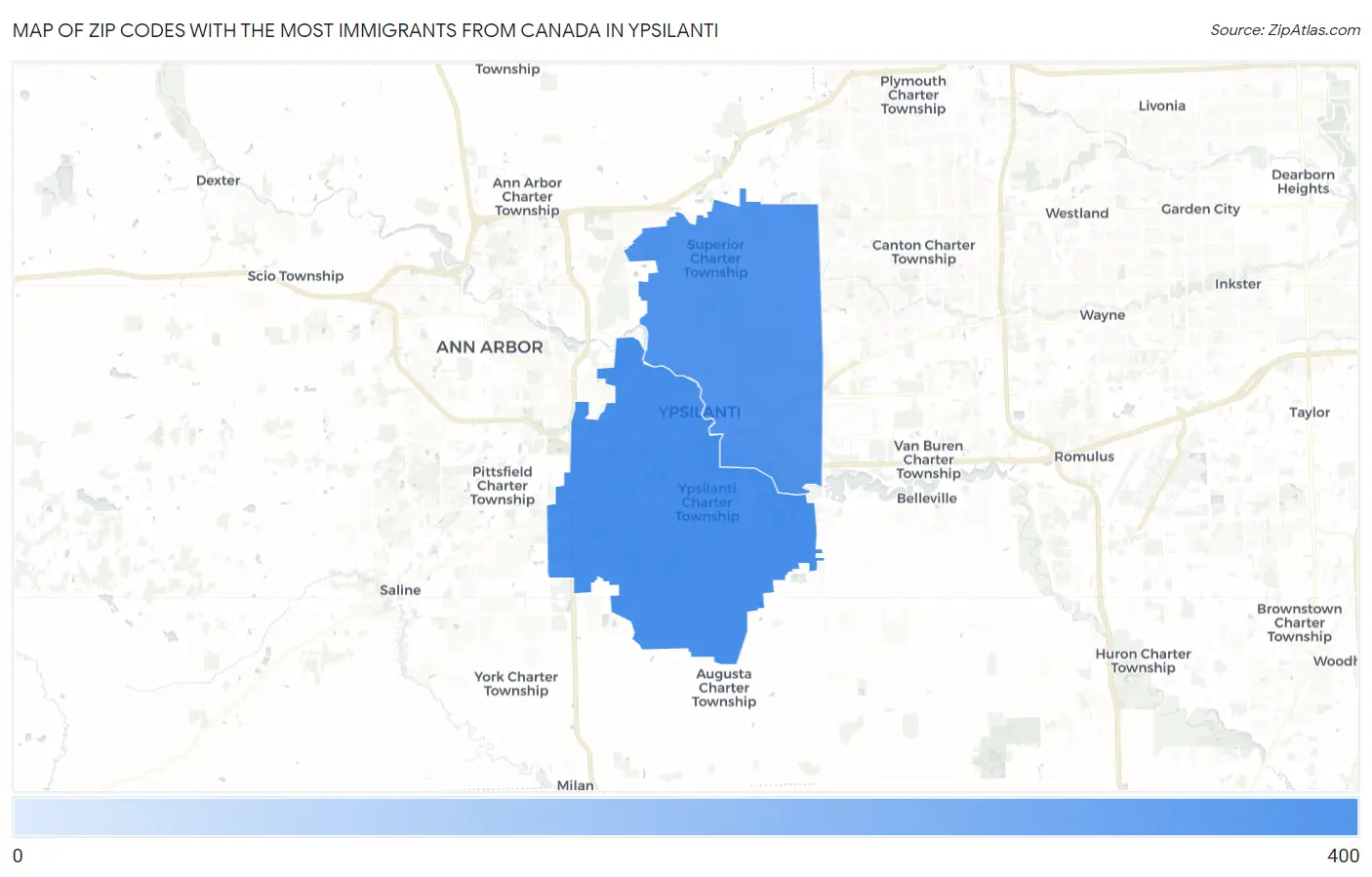 Zip Codes with the Most Immigrants from Canada in Ypsilanti Map
