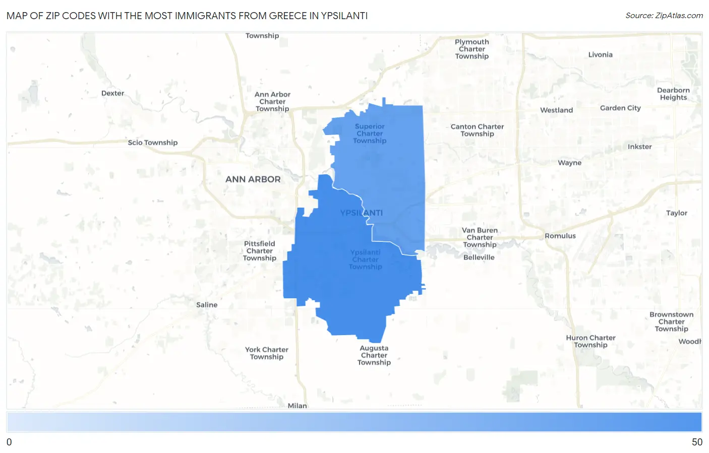 Zip Codes with the Most Immigrants from Greece in Ypsilanti Map