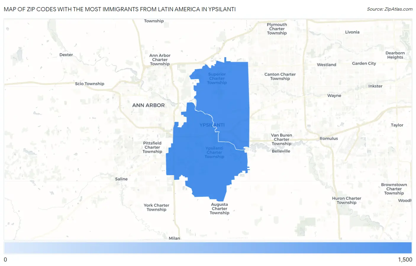 Zip Codes with the Most Immigrants from Latin America in Ypsilanti Map
