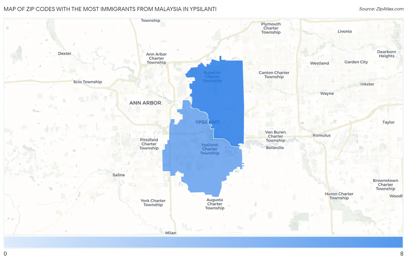 Zip Codes with the Most Immigrants from Malaysia in Ypsilanti Map