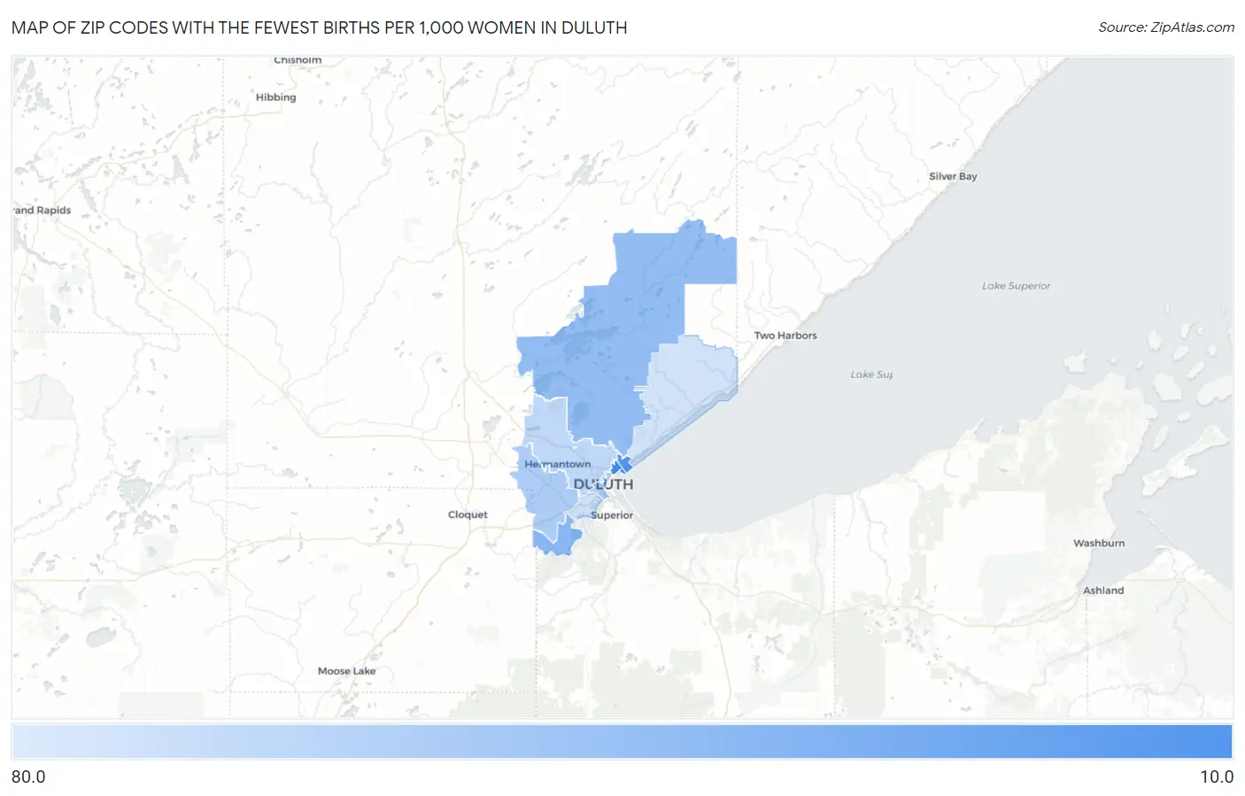 Zip Codes with the Fewest Births per 1,000 Women in Duluth Map