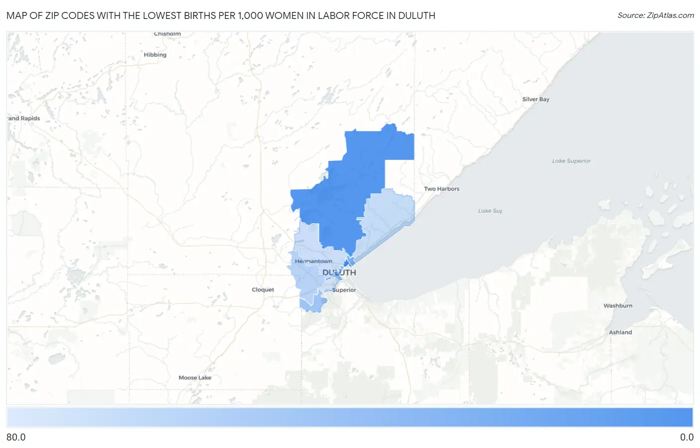 Zip Codes with the Lowest Births per 1,000 Women in Labor Force in Duluth Map