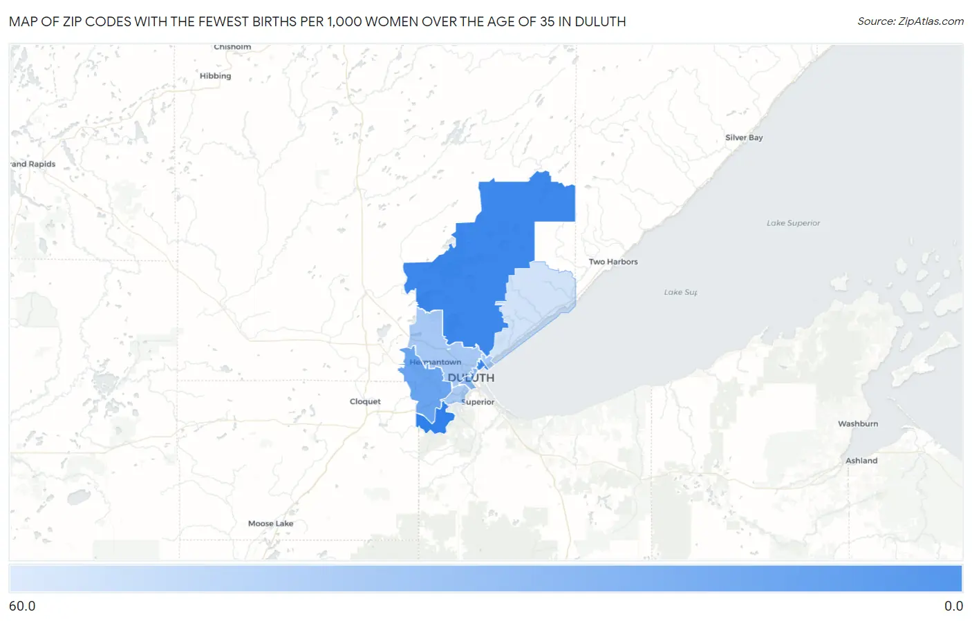 Zip Codes with the Fewest Births per 1,000 Women Over the Age of 35 in Duluth Map