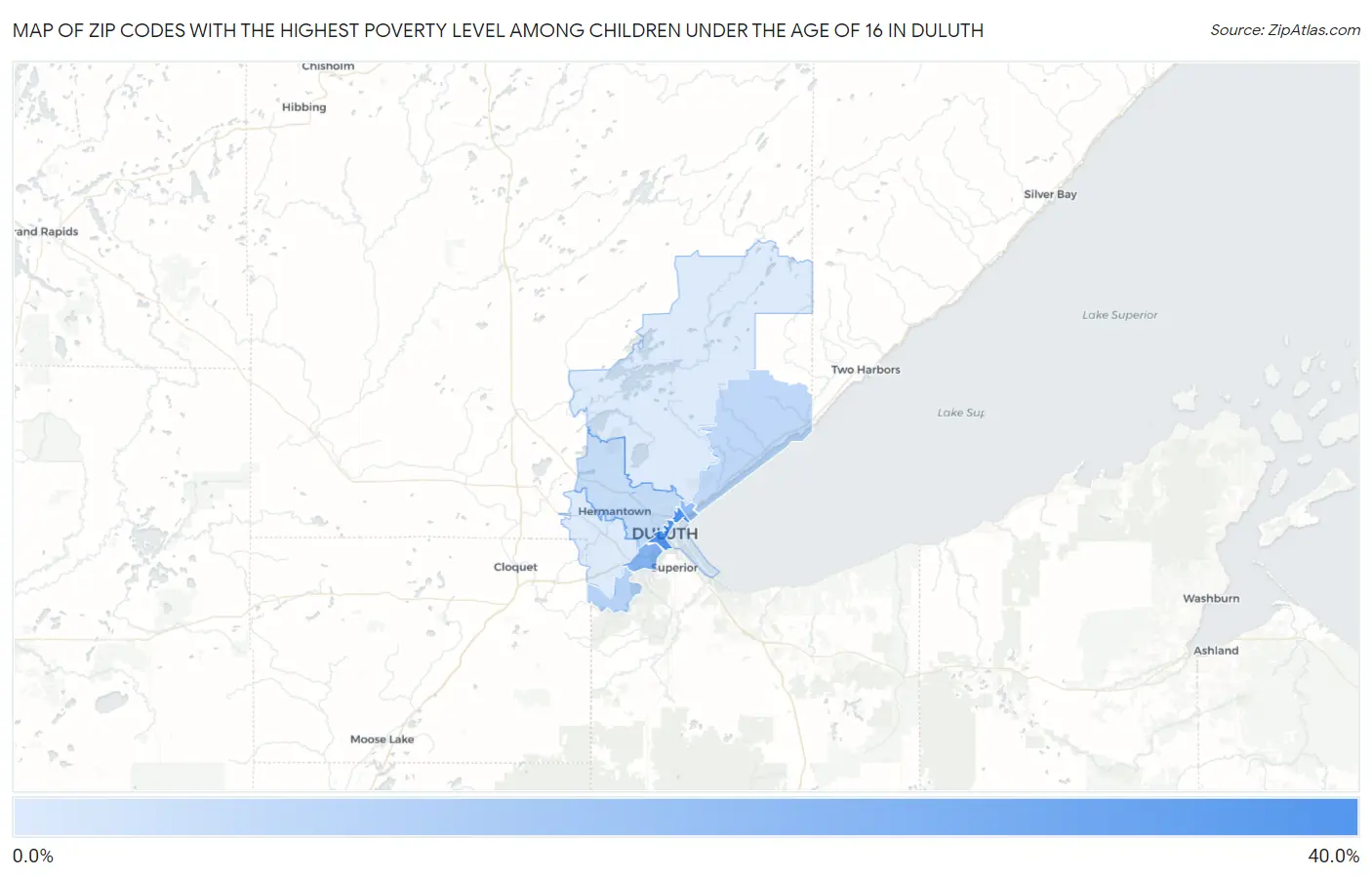 Zip Codes with the Highest Poverty Level Among Children Under the Age of 16 in Duluth Map
