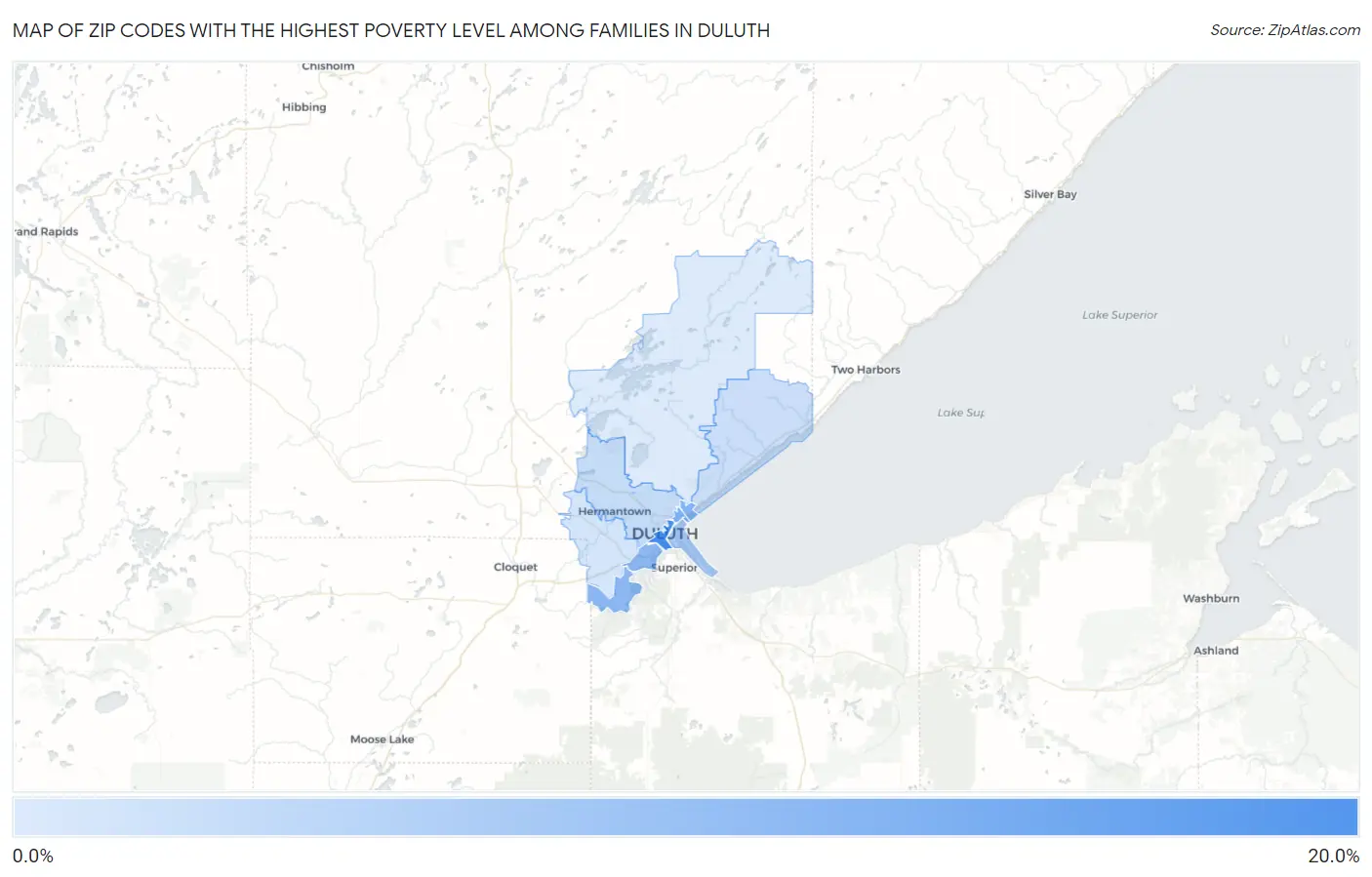 Zip Codes with the Highest Poverty Level Among Families in Duluth Map