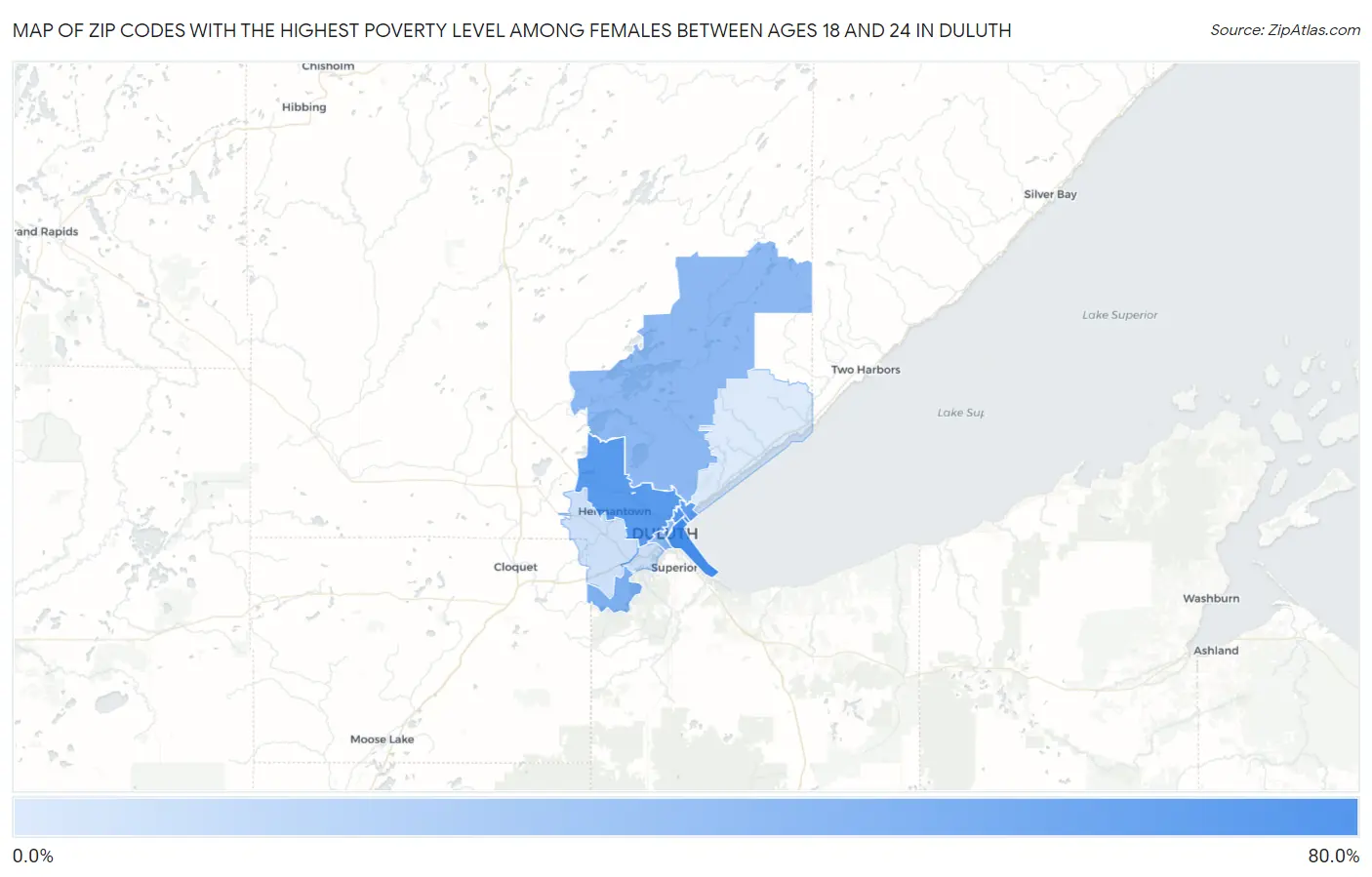 Zip Codes with the Highest Poverty Level Among Females Between Ages 18 and 24 in Duluth Map