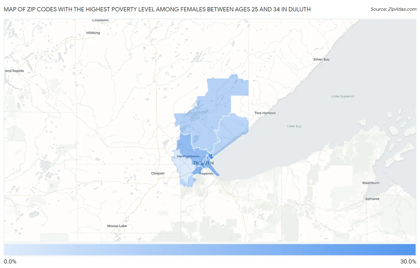 Zip Codes with the Highest Poverty Level Among Females Between Ages 25 and 34 in Duluth Map