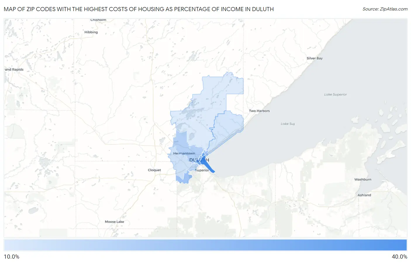 Zip Codes with the Highest Costs of Housing as Percentage of Income in Duluth Map