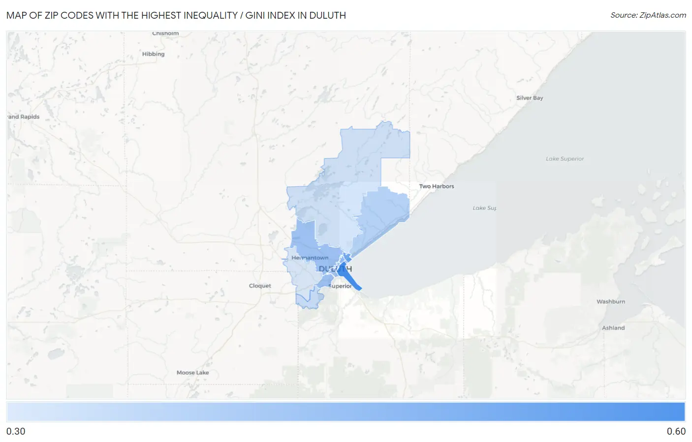 Zip Codes with the Highest Inequality / Gini Index in Duluth Map