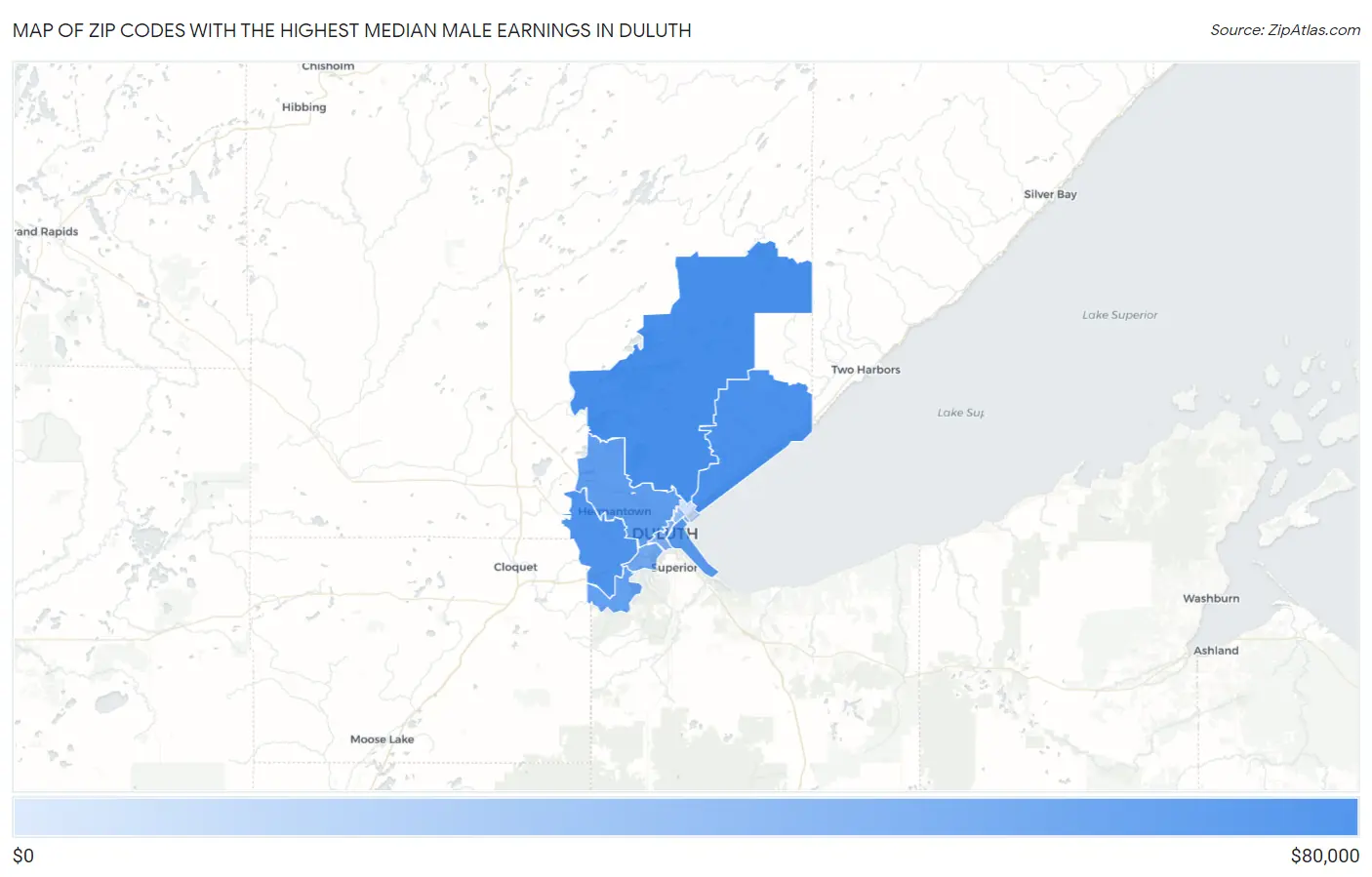 Zip Codes with the Highest Median Male Earnings in Duluth Map