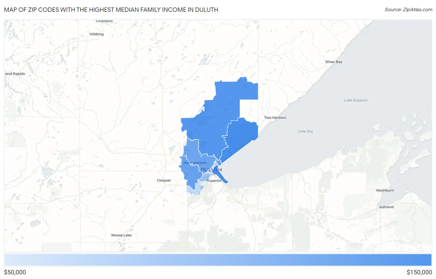 Zip Codes with the Highest Median Family Income in Duluth Map