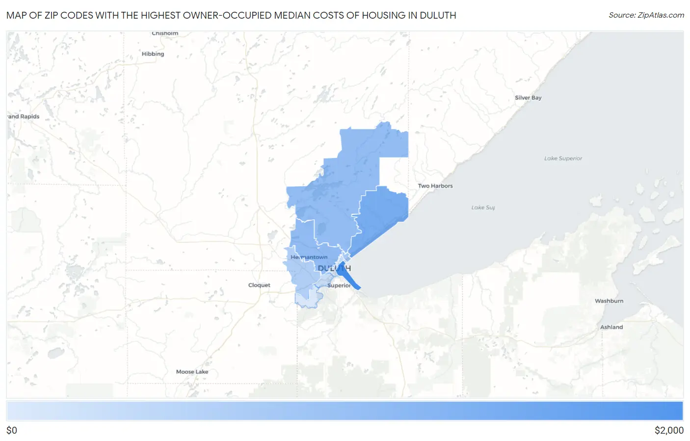Zip Codes with the Highest Owner-Occupied Median Costs of Housing in Duluth Map