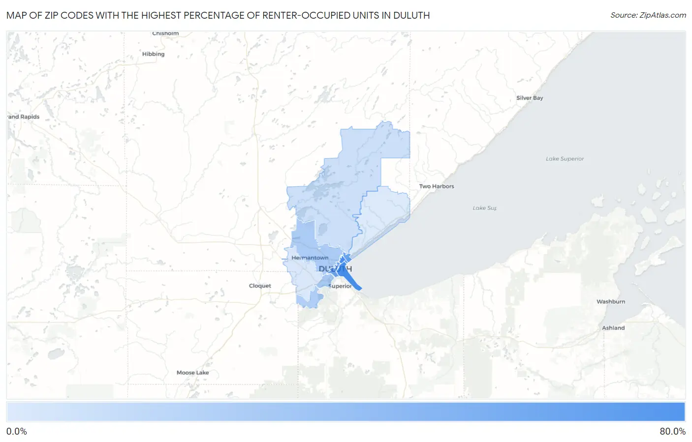 Zip Codes with the Highest Percentage of Renter-Occupied Units in Duluth Map
