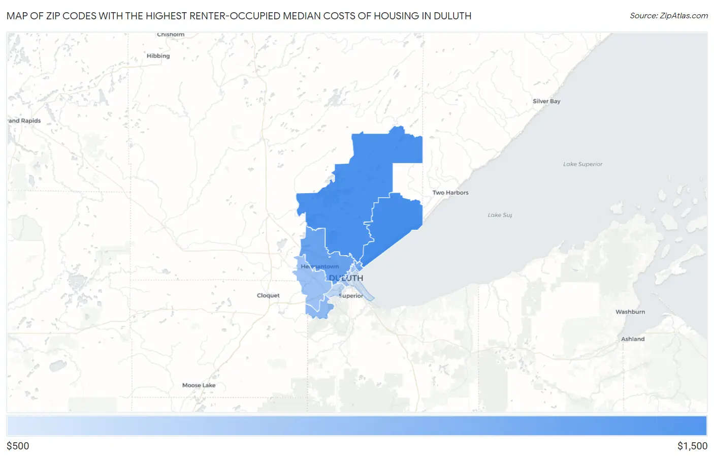 Zip Codes with the Highest Renter-Occupied Median Costs of Housing in Duluth Map
