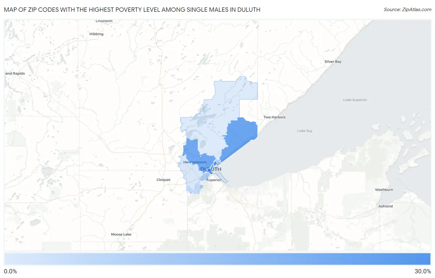 Zip Codes with the Highest Poverty Level Among Single Males in Duluth Map