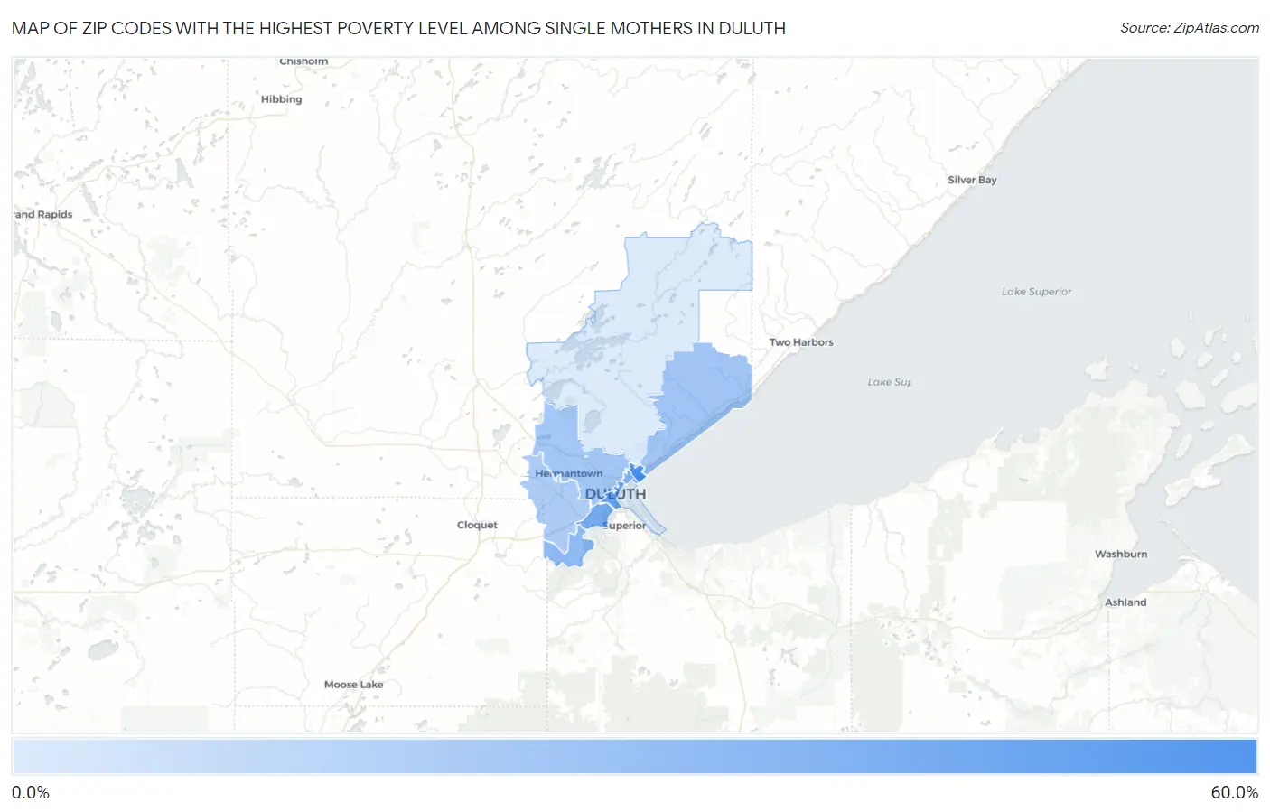 Zip Codes with the Highest Poverty Level Among Single Mothers in Duluth Map