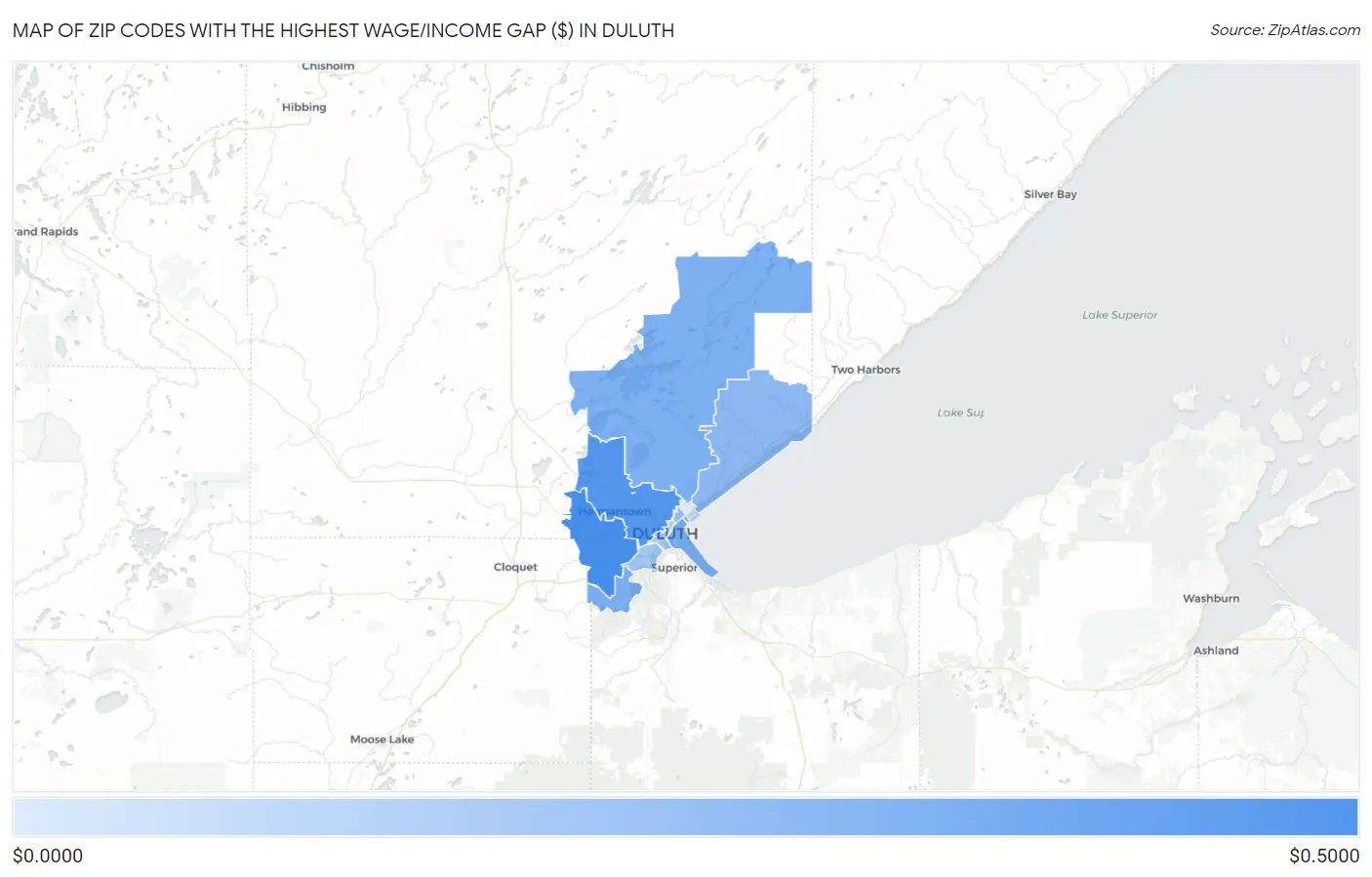 Zip Codes with the Highest Wage/Income Gap ($) in Duluth Map