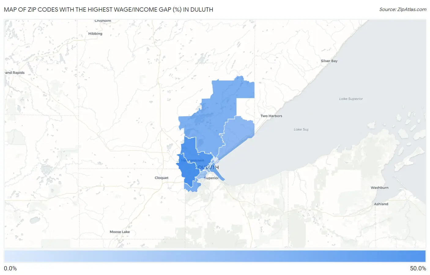 Zip Codes with the Highest Wage/Income Gap (%) in Duluth Map