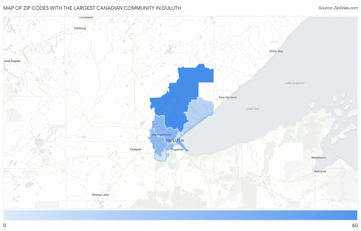 Zip Codes with the Largest Canadian Community in Duluth Map