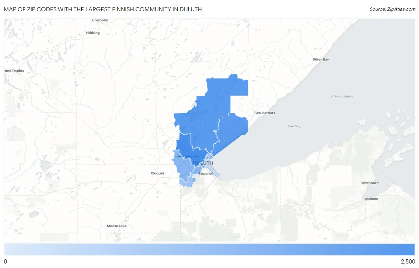 Zip Codes with the Largest Finnish Community in Duluth Map
