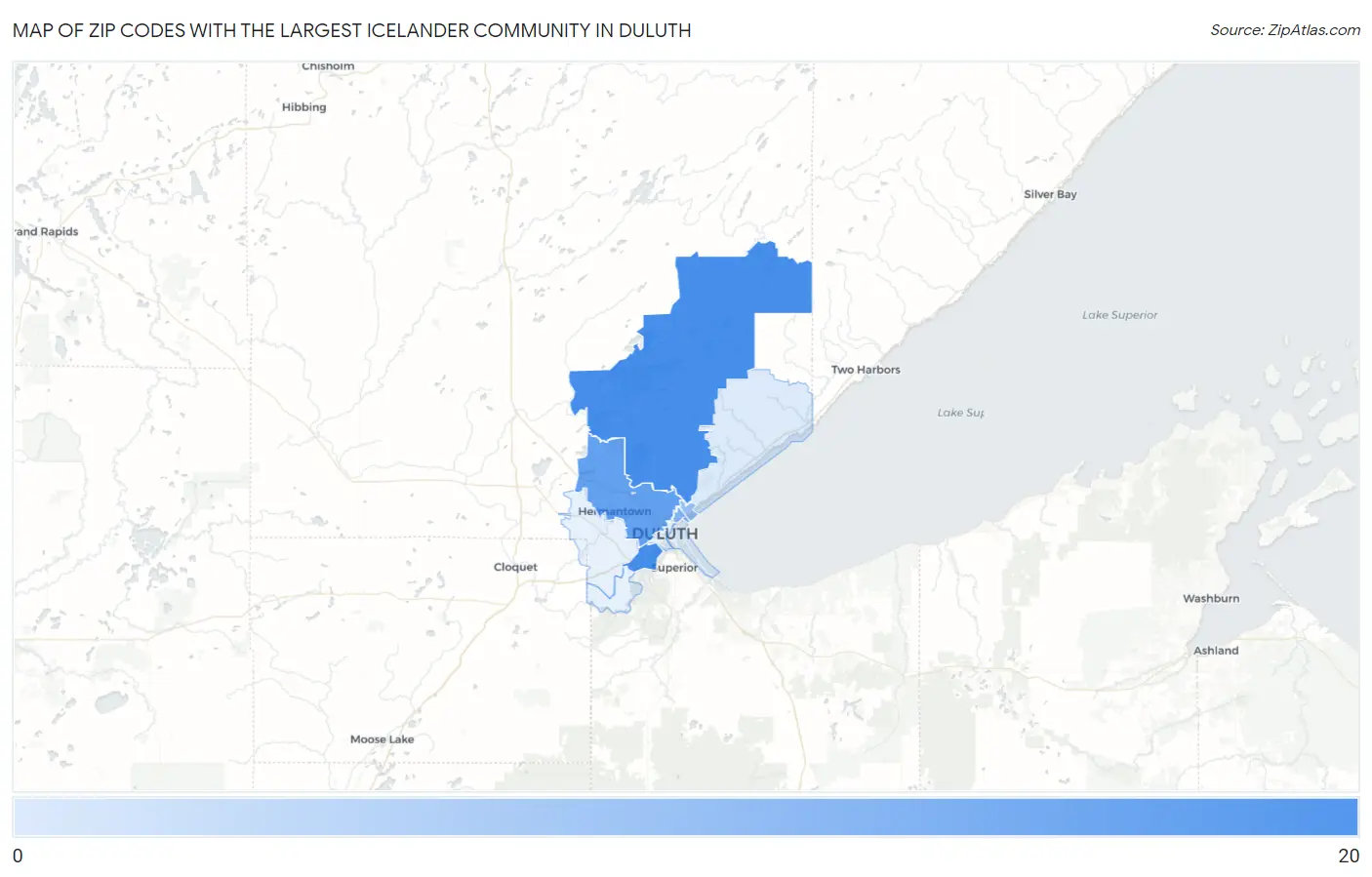Zip Codes with the Largest Icelander Community in Duluth Map