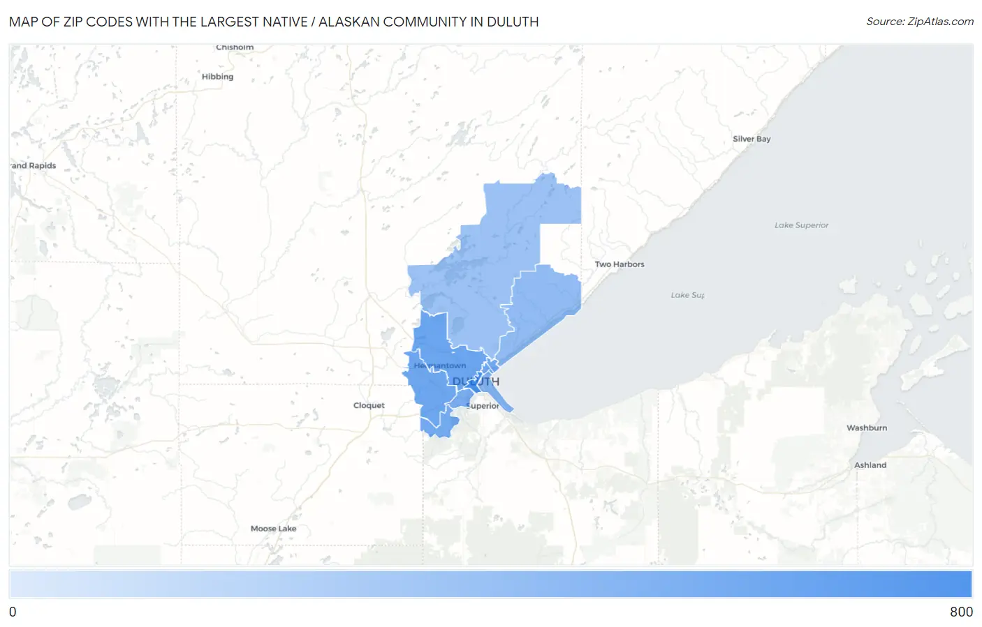 Zip Codes with the Largest Native / Alaskan Community in Duluth Map
