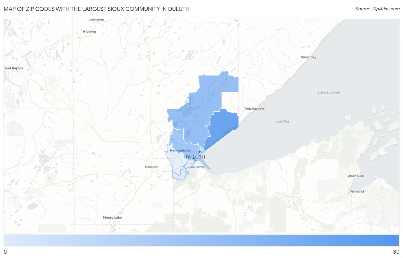 Zip Codes with the Largest Sioux Community in Duluth Map