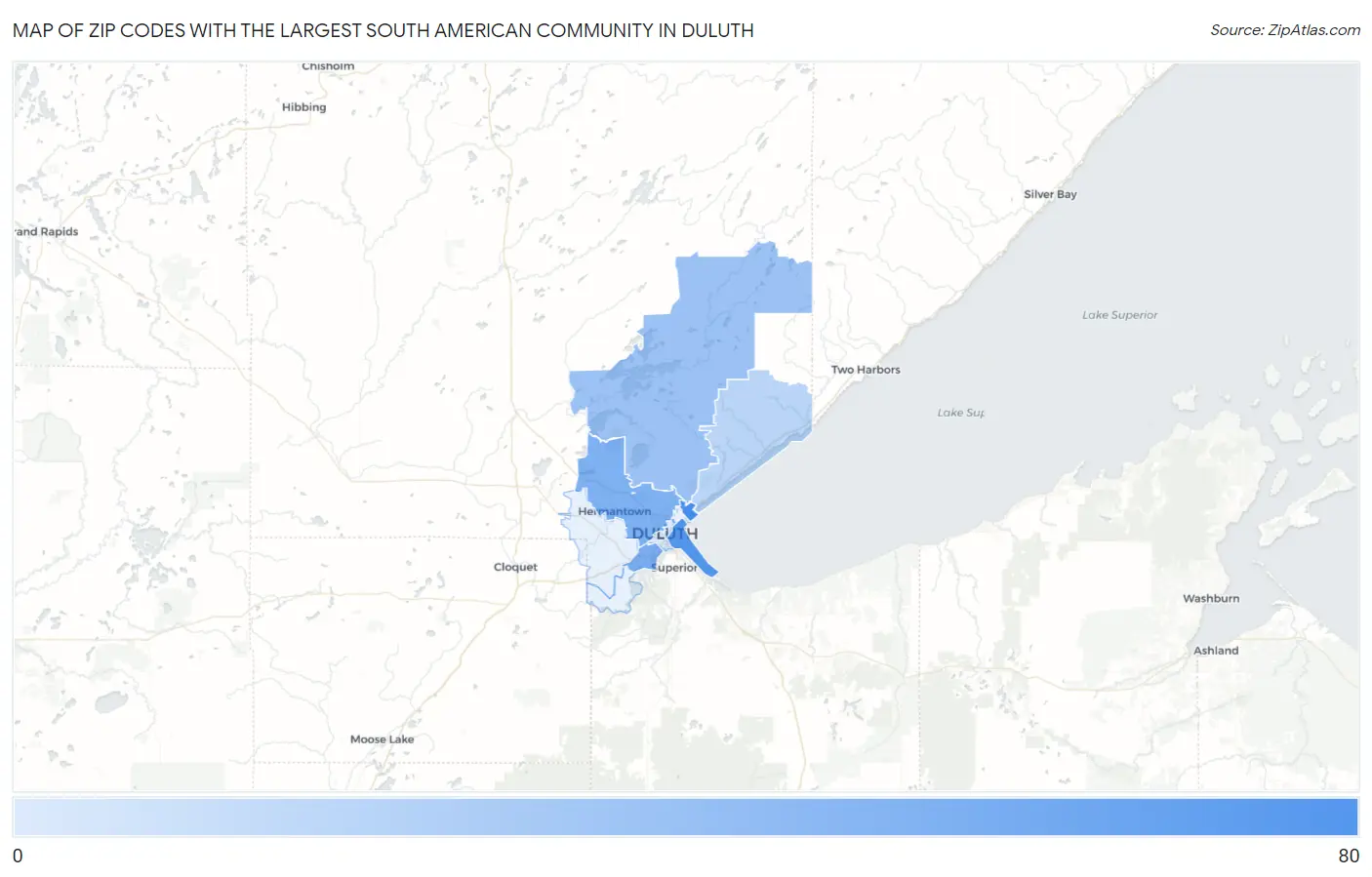 Zip Codes with the Largest South American Community in Duluth Map