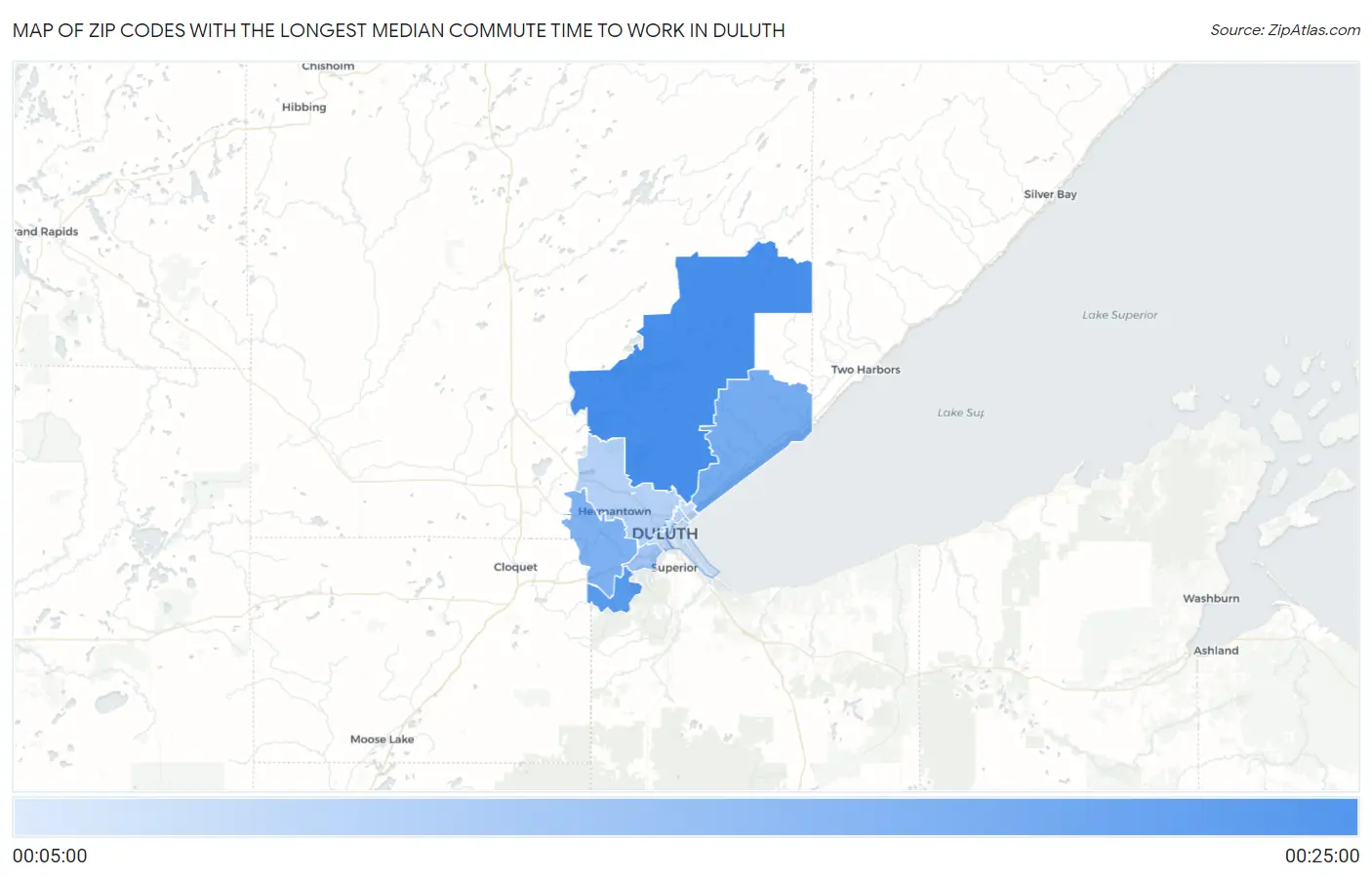 Zip Codes with the Longest Median Commute Time to Work in Duluth Map
