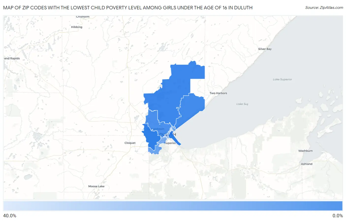 Zip Codes with the Lowest Child Poverty Level Among Girls Under the Age of 16 in Duluth Map