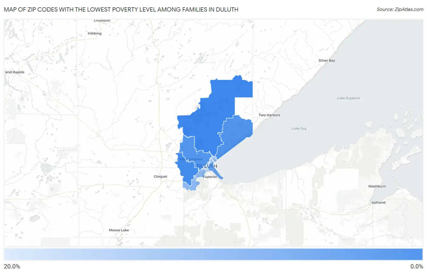 Zip Codes with the Lowest Poverty Level Among Families in Duluth Map