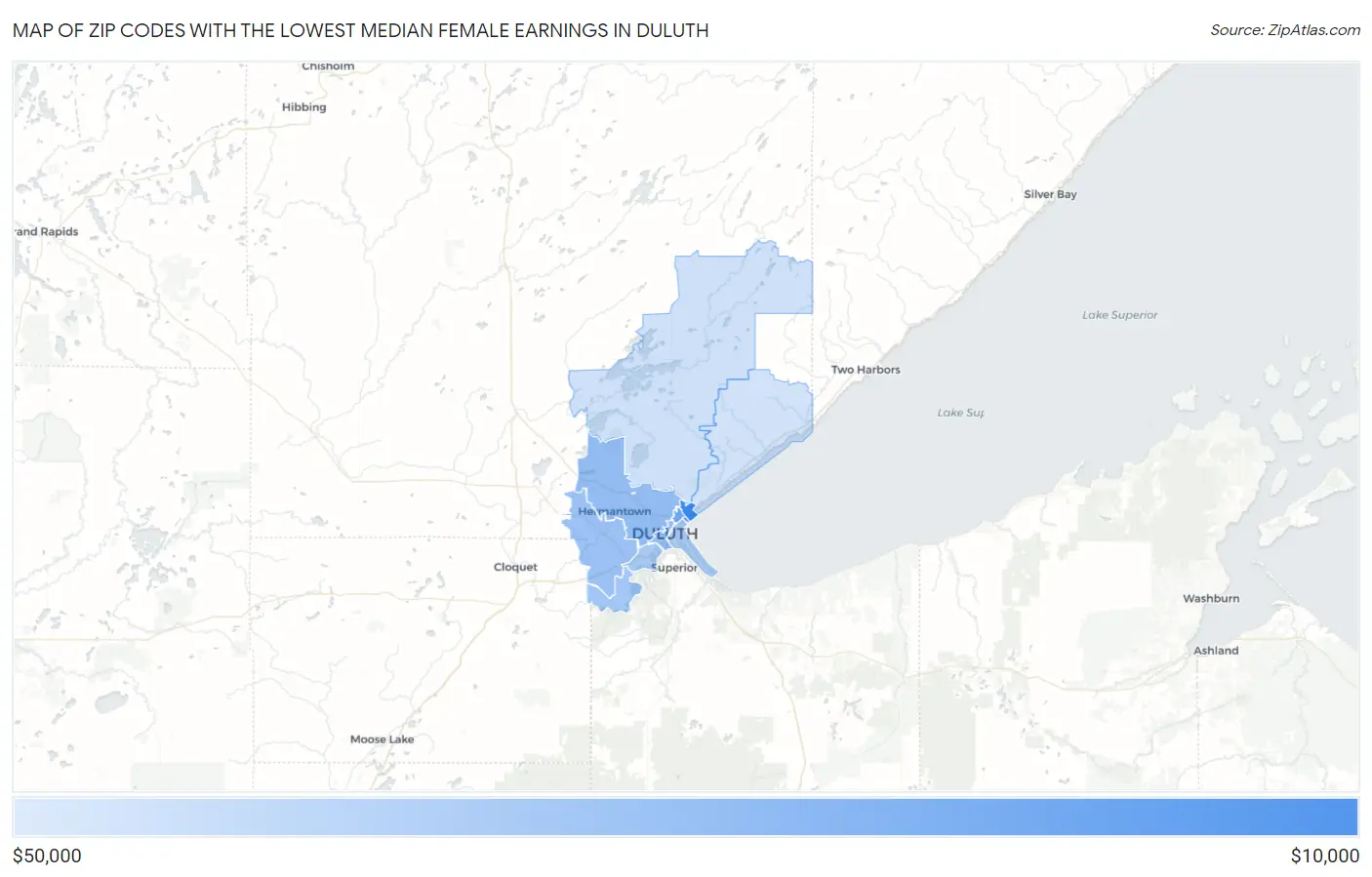 Zip Codes with the Lowest Median Female Earnings in Duluth Map